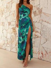 Flower Printed Sleeveless Splicing Asymmetric Maxi Dresses