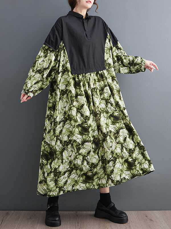 Buttoned Printed Split-Joint Long Sleeves Loose Lapel Midi Dresses