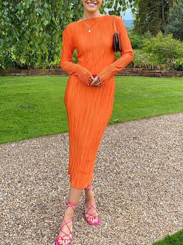 Pleated Solid Color Split-Joint Long Sleeves Skinny Round-Neck Maxi Dresses