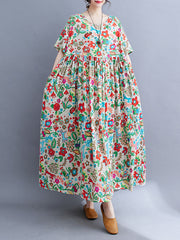 Pleated Printed Split-Joint Loose Short Sleeves Round-Neck Midi Dresses