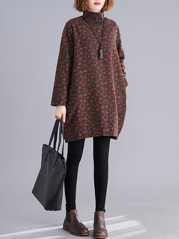 Vintage Loose Long Sleeves Floral Printed High-Neck Mini Dresses