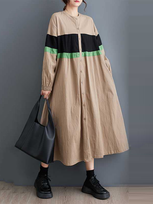 Buttoned Contrast Color Elasticity Split-Joint Long Sleeves Loose Round-neck Midi Dresses