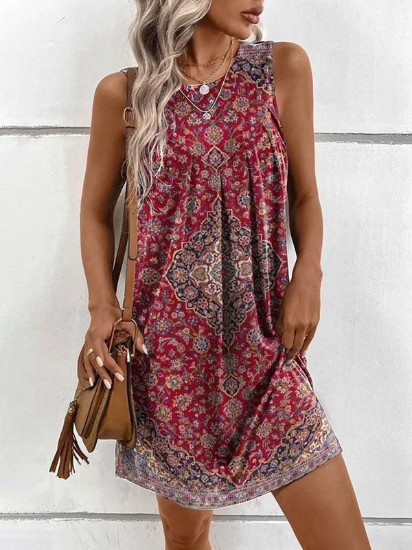 Geometric Pleated Printed Split-Joint Loose Plus Size U-Neck Mini Dresses
