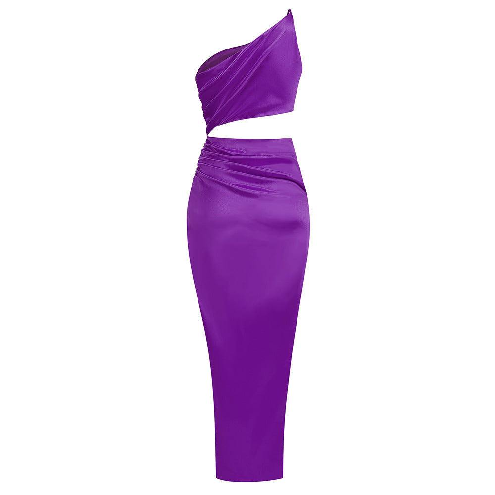 Cutout Oblique Shoulder Side Slit Maxi Dress Flaxmaker