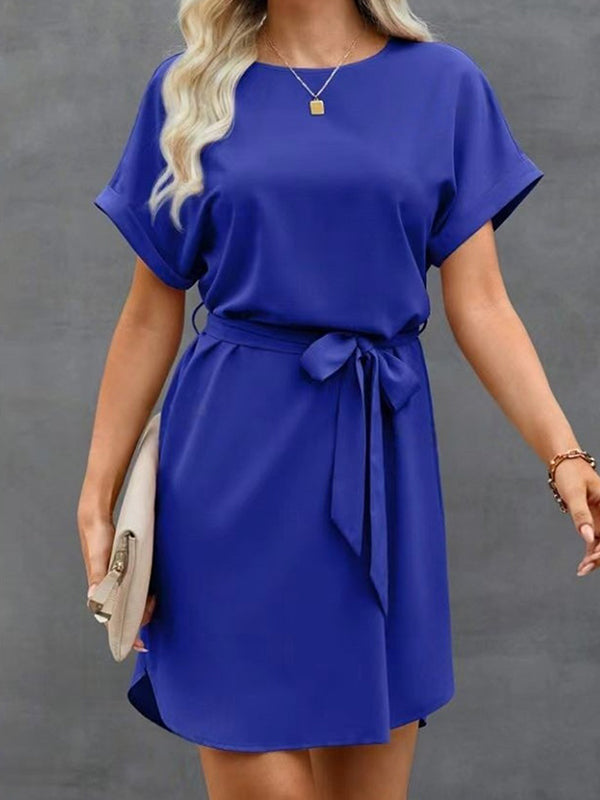 Solid Color Tied Waist Loose Short Sleeves Round-Neck Mini Dresses