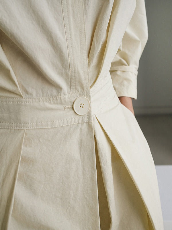 Long Sleeves Loose Pleated Solid Color Split-Joint Tied Waist Lapel Midi Dresses Shirt Dress