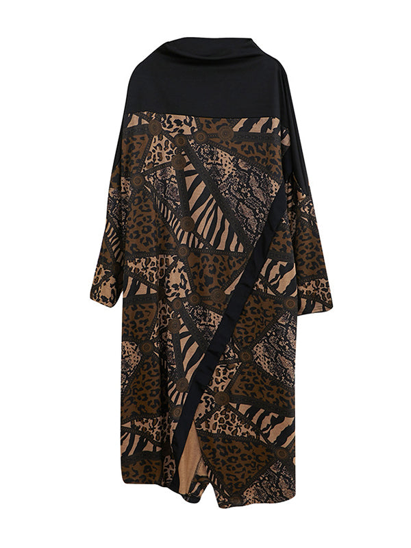 Asymmetric Printed Split-Front Split-Joint Long Sleeves Loose Mock Neck Midi Dresses