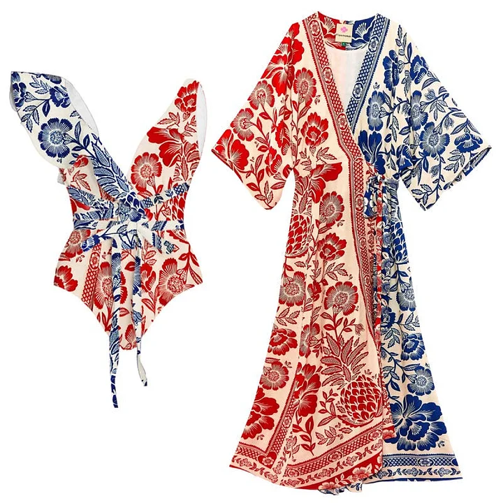 Flaxmaker Red Blue Mixed Floral Print Swimsuit and Cover Up