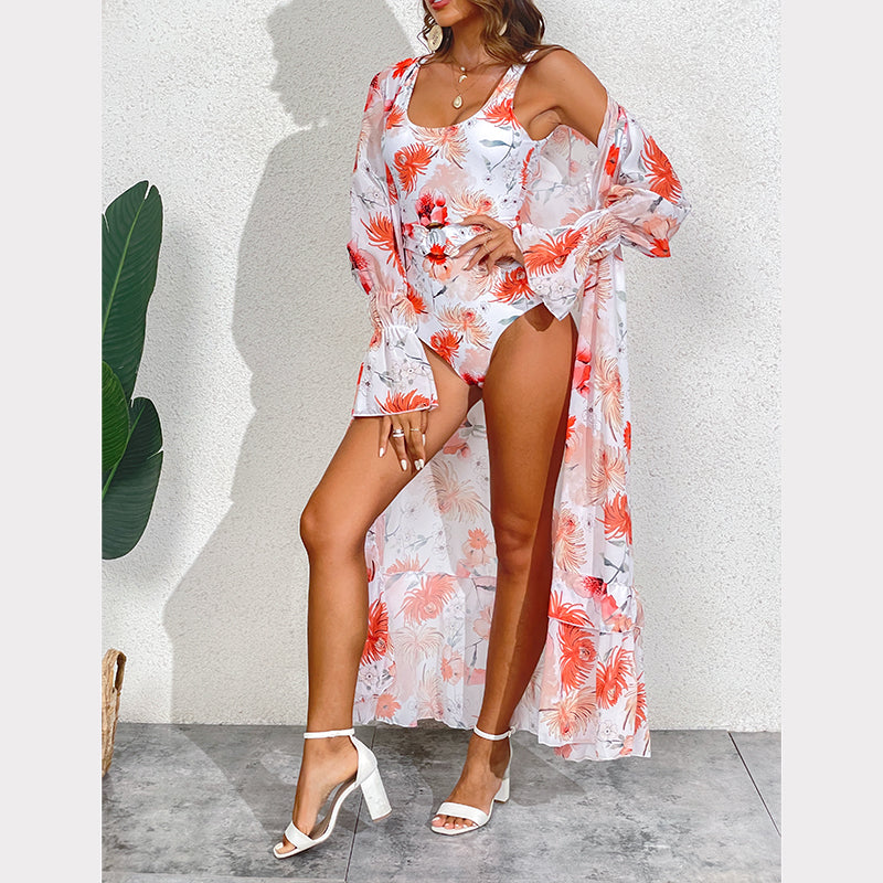 Printed Belt One Piece Swimsuit and Chiffon Cover Up Flaxmaker