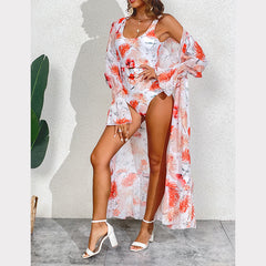 Printed Belt One Piece Swimsuit and Chiffon Cover Up Flaxmaker