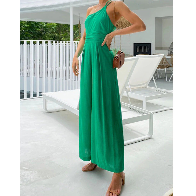 Fashion One Shoulder Solid Color  High Waist  Jumpsuit