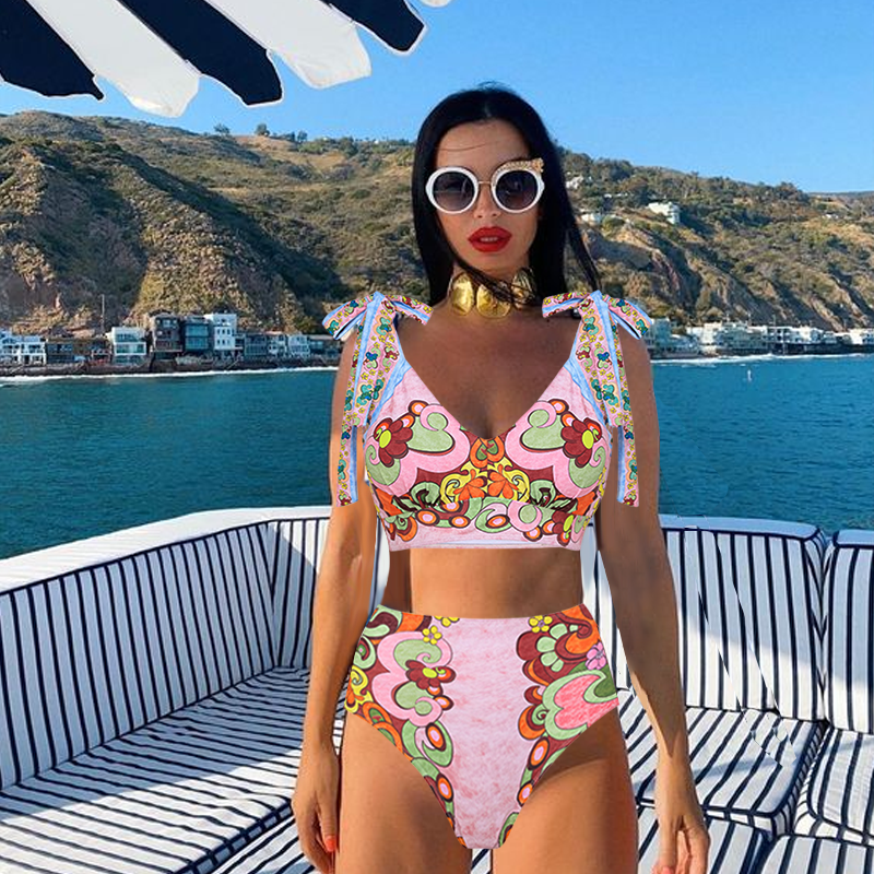Tie-shoulder Printed High Waist Bikini Swimsuit and Skirt(Shipped on Jan 11th)