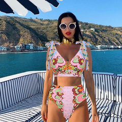 Tie-shoulder Printed High Waist Bikini Swimsuit and Skirt(Shipped on Jan 11th)