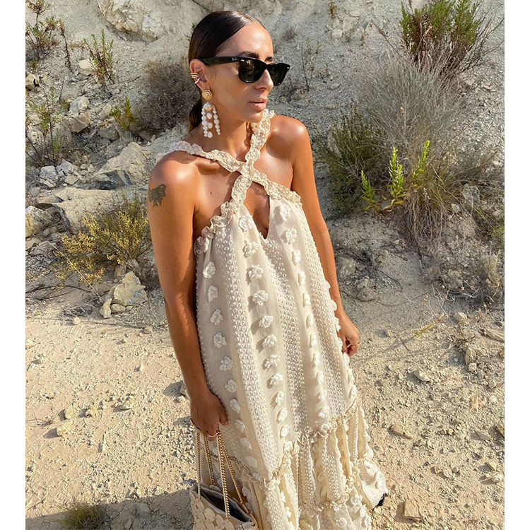 Halter 3D Flower Maxi Dress Flaxmaker