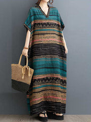 Split-Joint Striped A-Line Batwing Sleeves V-Neck Maxi Dresses