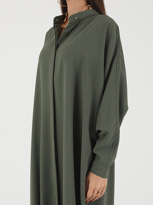 Buttoned Muslim Solid Color Split-Side Batwing Sleeves Loose Round-Neck Muslim Abaya Maxi Dresses
