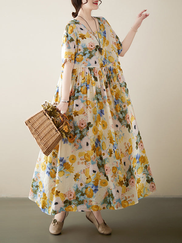 Floral Printed A-line Loose Round-neck Midi Dresses