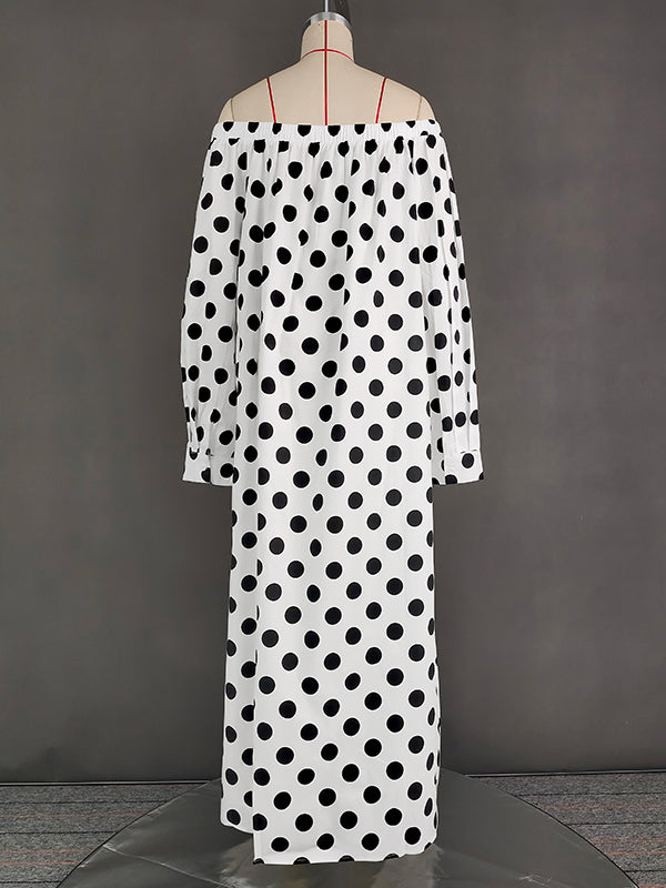 Elasticity Polka-Dot Split-Joint A-line Long Sleeves Off-the-shoulder Maxi Dresses