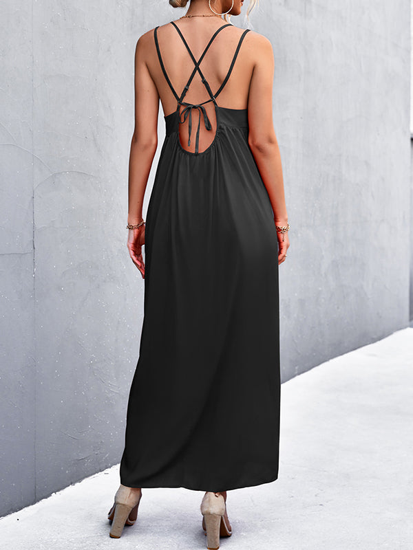 Backless Solid Color Tied A-Line High Waisted Deep V-Neck Slip Dress Midi Dresses