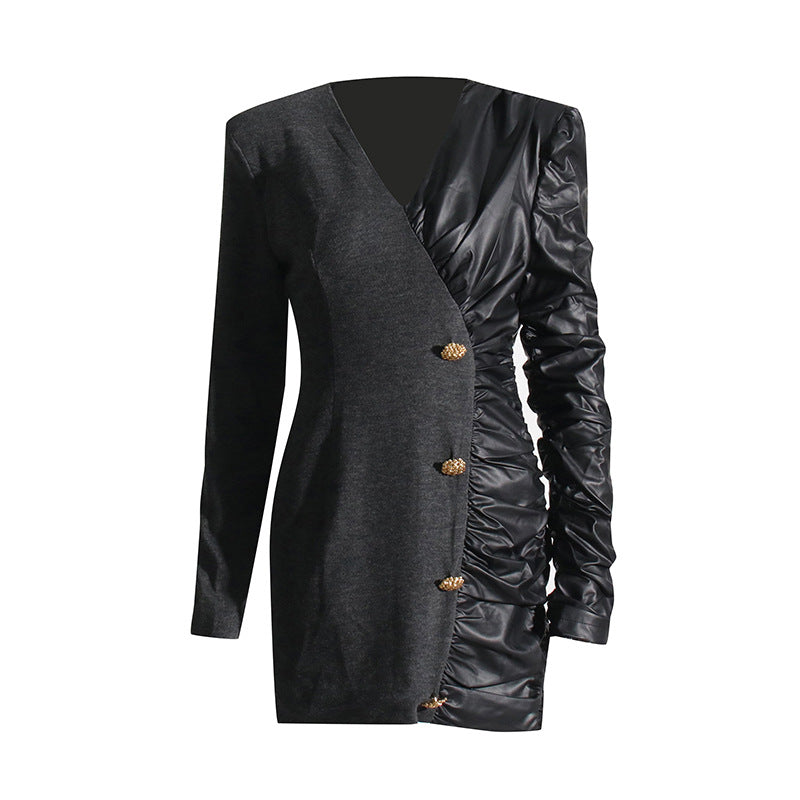 Long-sleeved  V Neck Leather Bodycon Dress