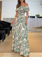 Elasticity Falbala Leaf Printed Loose Short Sleeves Off-The-Shoulder Maxi Dresses
