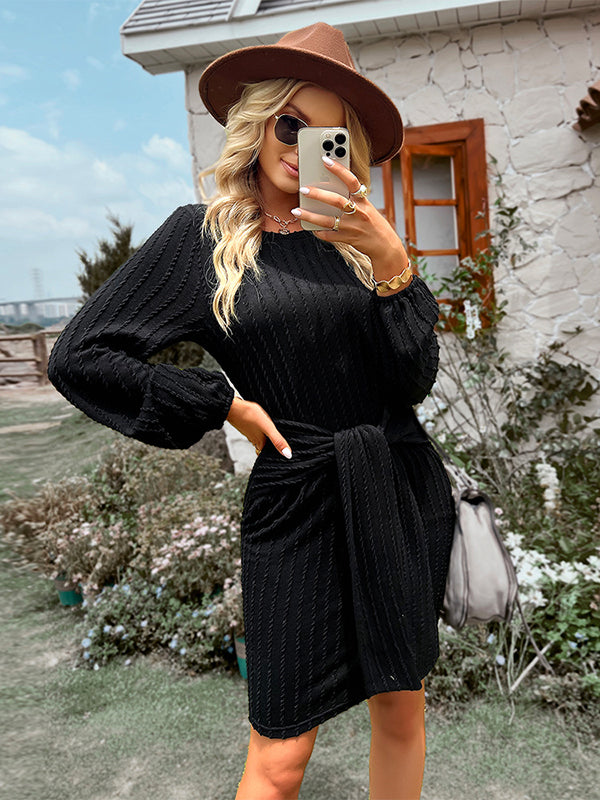Vacation Puff Sleeves Lace-Up Solid Color Round-Neck Dress
