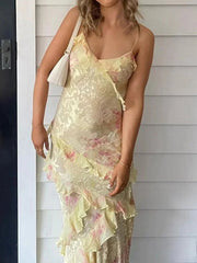 Flower Printed Gradient Sleevless Spaghetti-Neck Maxi Dresses