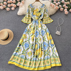 Lemon Print Trumpet Sleeve Maxi Dress Flaxmaker