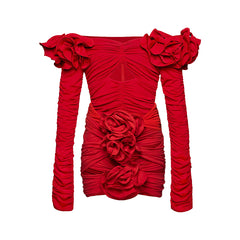 Flaxmaker Red Off Shoulder 3D Flower Long Sleeve One Piece Swimsuit and Skirt