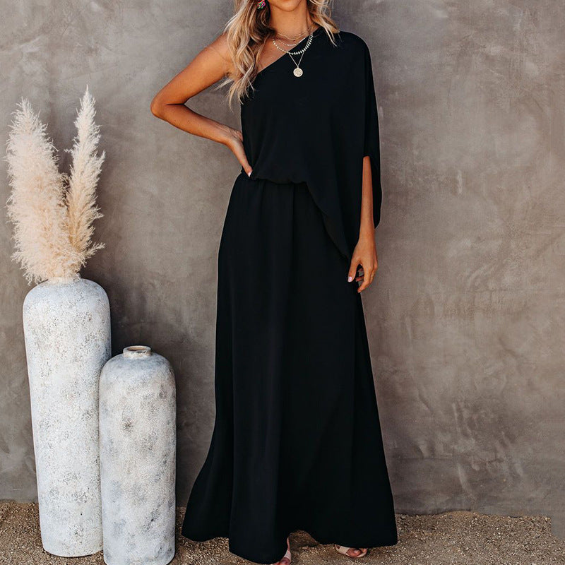 One Shoulder  Solid Color Maxi Dress