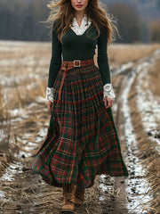Plaid Splicing Lace Long Sleeves Maxi Dresses