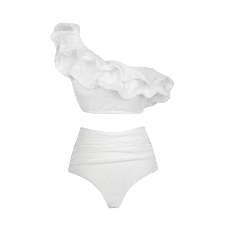 One Shoulder Ruffled White High Waist Bikini Swimsuit Flaxmaker