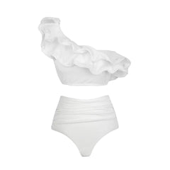 One Shoulder Ruffled White High Waist Bikini Swimsuit Flaxmaker