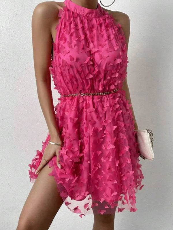 Jacquard Pleated Solid Color Split-Joint Loose Sleeveless Stand Collar Mini Dresses