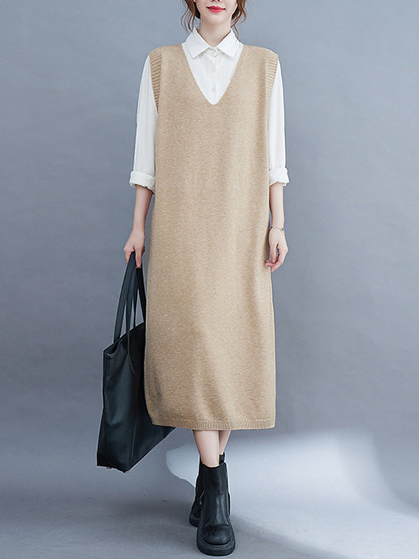 Vintage Solid Color Knitting V-Neck Sleeveless Sweater Dress