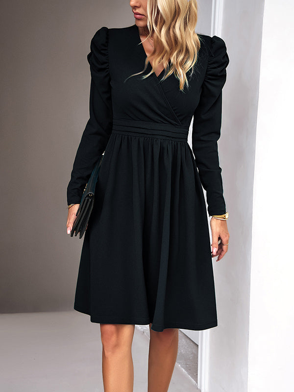 Pleated Solid Color Split-Joint Puff Sleeves Skinny V-Neck Midi Dresses