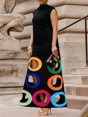 Loose Sleeveless Colorful Hollow Shawl Collar Maxi Dresses