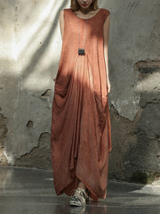 Pleated Split-Joint Loose Sleeveless Round-neck Maxi Dresses