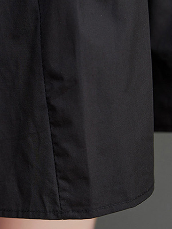 Pleated Solid Color Split-Joint Loose Puff Sleeves Round-neck Midi Dresses