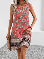 Flower Print Hollow A-Line Loose U-Neck Mini Dresses