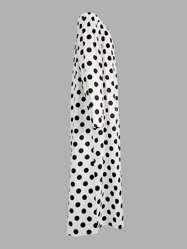 Elasticity Polka-Dot Split-Joint A-line Long Sleeves Off-the-shoulder Maxi Dresses