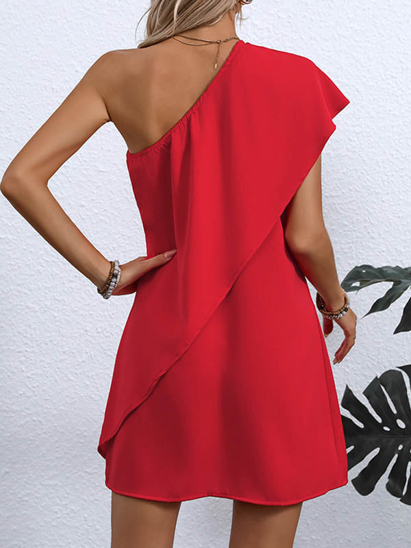 Asymmetric Solid Color A-Line False Two One-Shoulder Mini Dresses