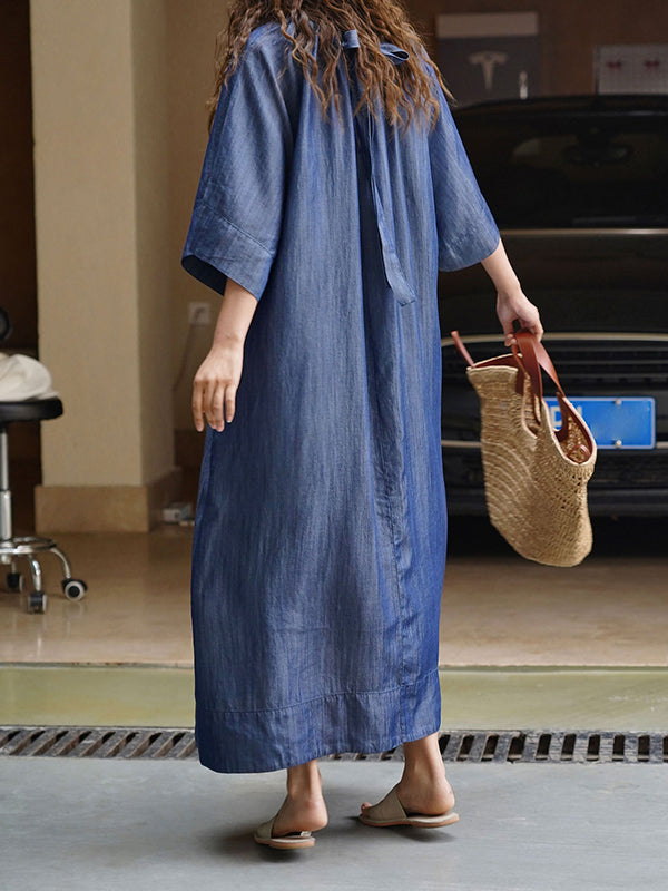 Drawstring Lace-Up Pleated Solid Color Loose Raglan Sleeve Round-Neck Midi Dresses