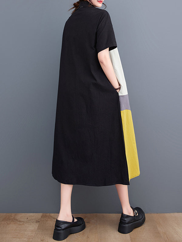 Color-Block Contrast Color Split-Joint Loose Oversize Lapel Shirt Dress Midi Dresses