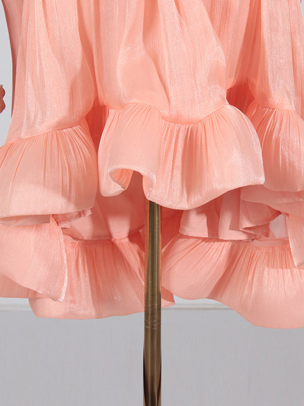 Floral Pleated Split-Joint High-Low Loose Stand Collar Mini Dresses