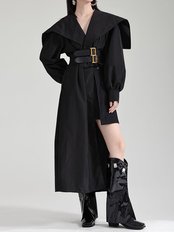 Asymmetric Belted Pleated Solid Color High Waisted Long Sleeves Lapel Midi Dresses