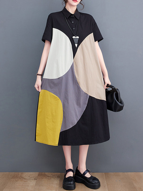 Color-Block Contrast Color Split-Joint Loose Oversize Lapel Shirt Dress Midi Dresses