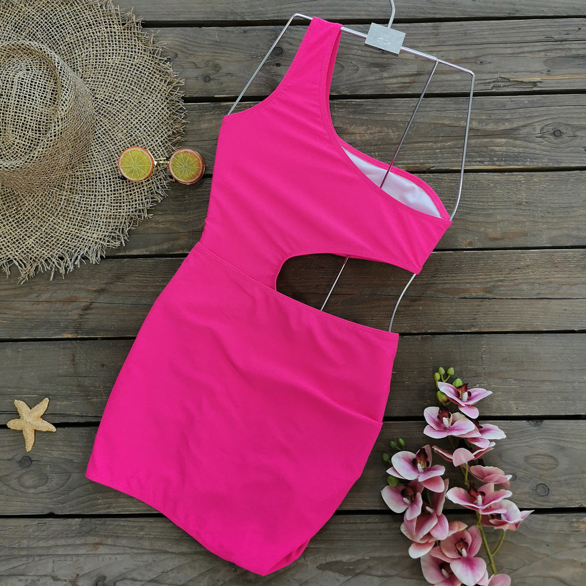 Oblique Shoulder Cutout One Piece Swimsuit and Sarong