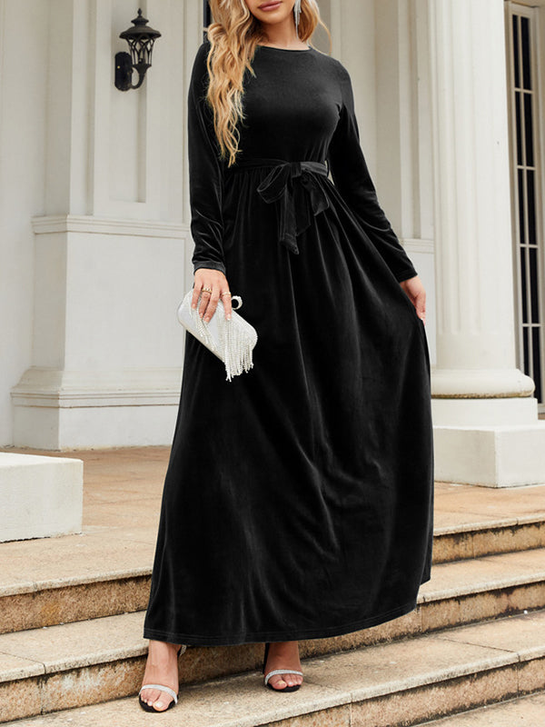 Belted Pleated Solid Color Zipper Long Sleeves Wrap Round-Neck Maxi Dresses