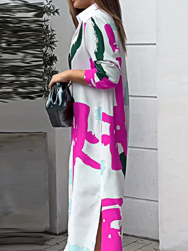 Buttoned Contrast Color Pockets Printed Split-Side Loose Wrap Shirt Dress